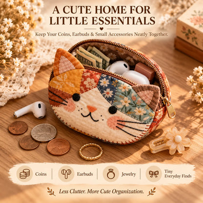 🐱Cute Patchwork Cat Coin Purse, Handmade Fabric Kitten Mini Pouch, Portable Card Holder for Girls