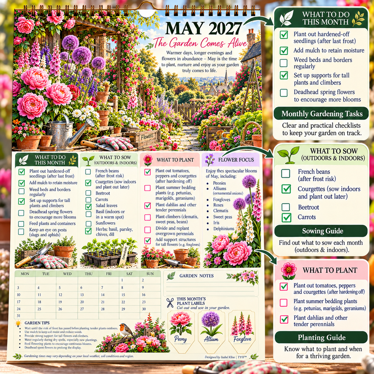 2027 Four Seasons Gardening Calendar & Monthly Planner – A4 Wall Calendar with Planting Guide, Garden Tasks & Plant Labels | TYII™