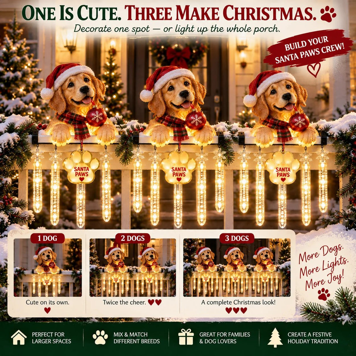 🐾 Santa Paws Porch Christmas Decoration – Lighted Dog Railing Decoration 🎄✨