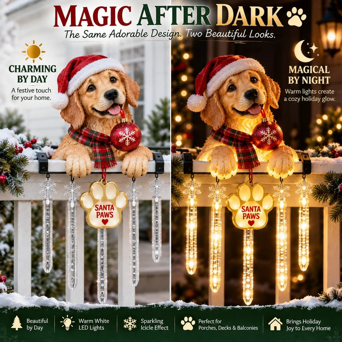 🐾 Santa Paws Porch Christmas Decoration – Lighted Dog Railing Decoration 🎄✨