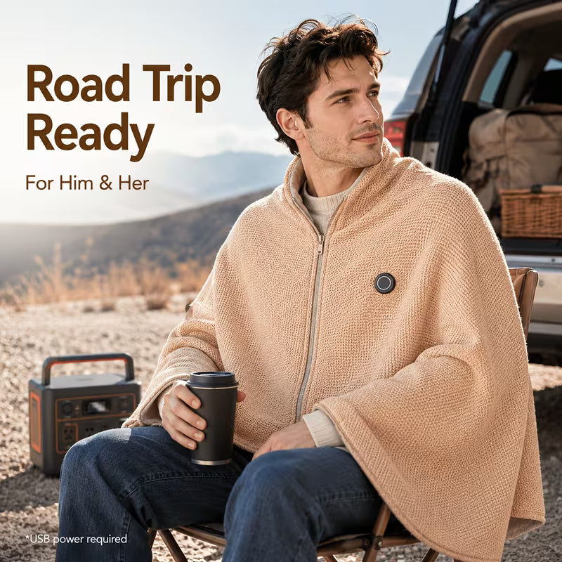 Man wearing heated shawl outdoors