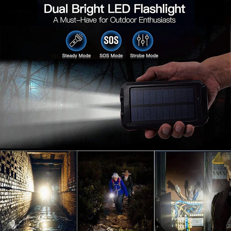 🔦 Portable Solar Power Bank – Solar Charging, Dual LED Lights, Outdoor Ready ✨