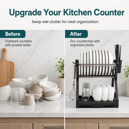 ⏰ Multi-Layer Steel Dish Drying Rack – Vertical Storage, Drip Tray, Tool-Free Install ✨