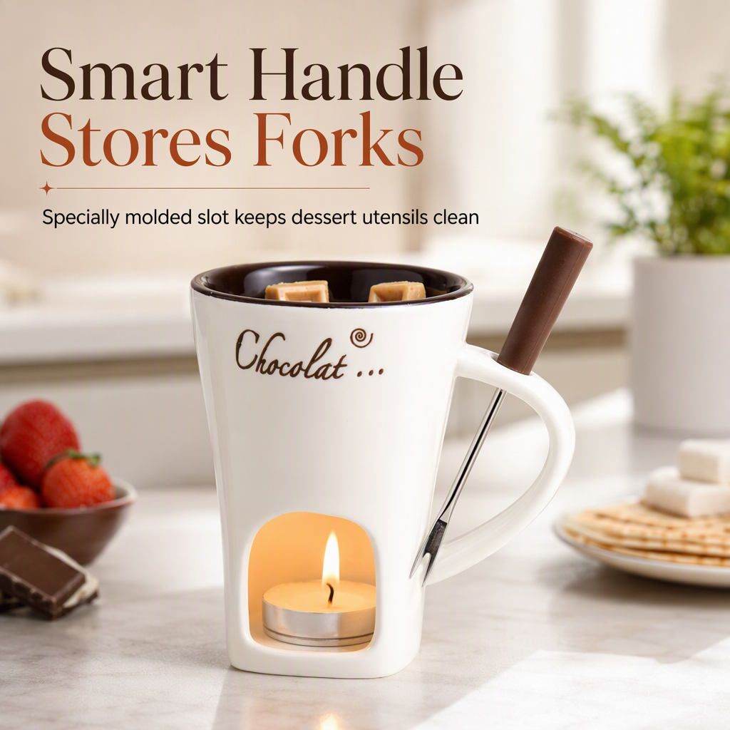 🍪Ceramic Chocolate and Cheese Fondue Melter Mug with Fork☕