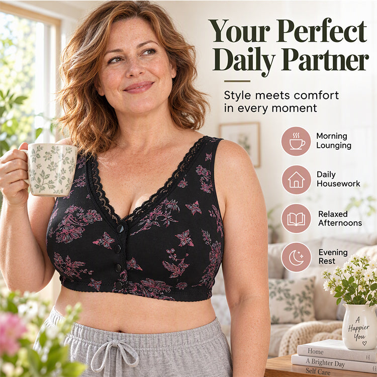 🔥LIMITED SALE!!👙🥰Women's Plus Size Front Button Floral Print Wireless Bra