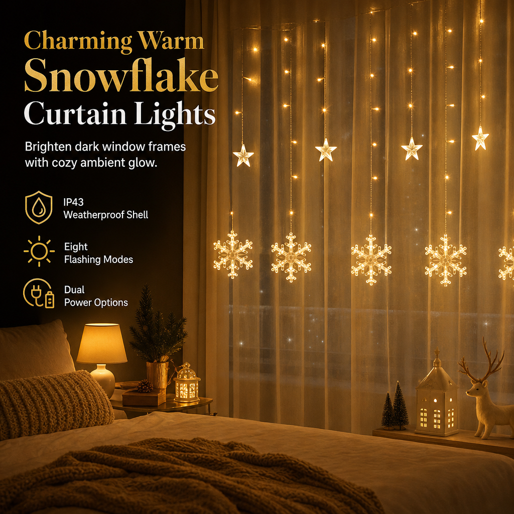 ❄️ ✨ LED Snowflake Curtain Lights – Waterproof & festive décor ✨